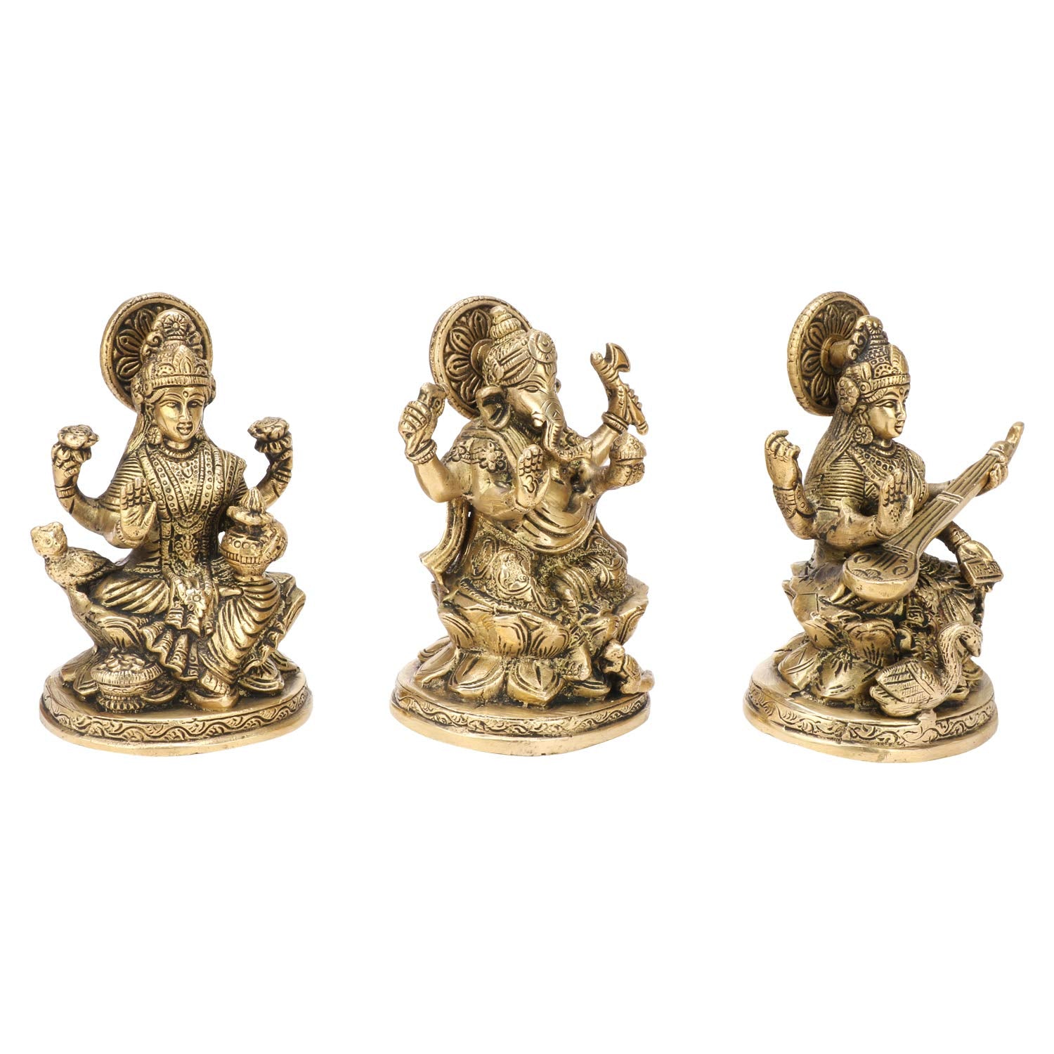 Kartique Brass Laxmi Ganesh Saraswati Bhagwan Idol Sitting On Lotus | Ganpati Murti Metal Statue For Home Office Success Entranc